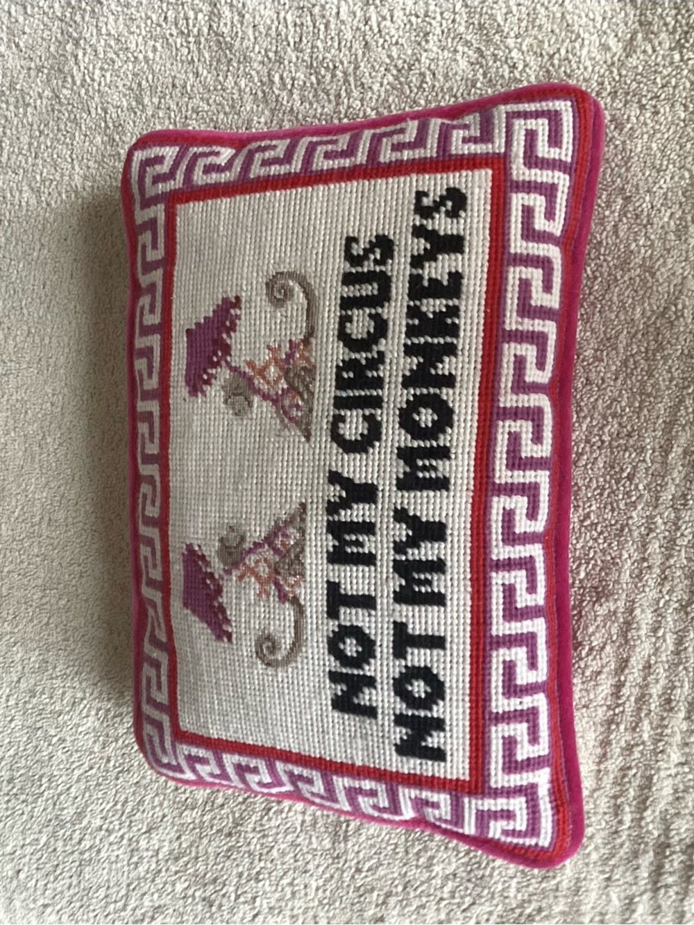 Furbish Embroidered Pink Accent Pillow - 'Not My Circus Not My Monkeys'